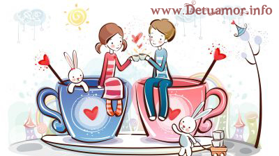 Feliz San Valentin niños tomando una taza de amor sentados con conejitos - cartas de san valentin DeTuAmor.Info
