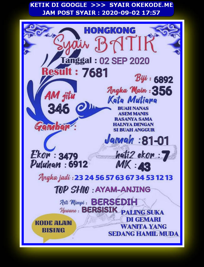 Kode Syair Hongkong 2 September 2020 Forum Syair Togel Hongkong Singapura Sydney