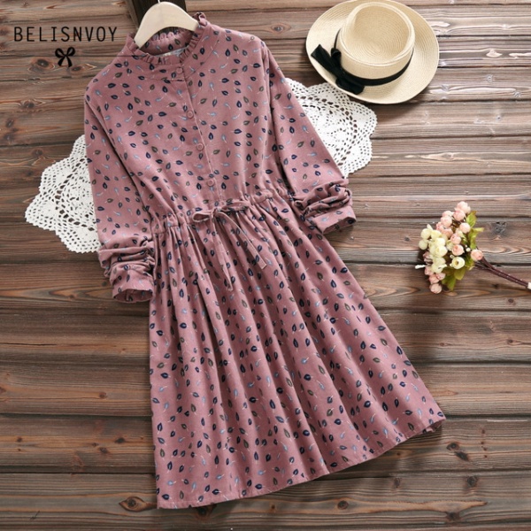 Women Elbise Casual Loose Long Sleeve Leaves Printed Drawstring Waist Dresses Women Elbise Casual Loose Long Sleeve Leaves Printed Drawstring Waist Dresses