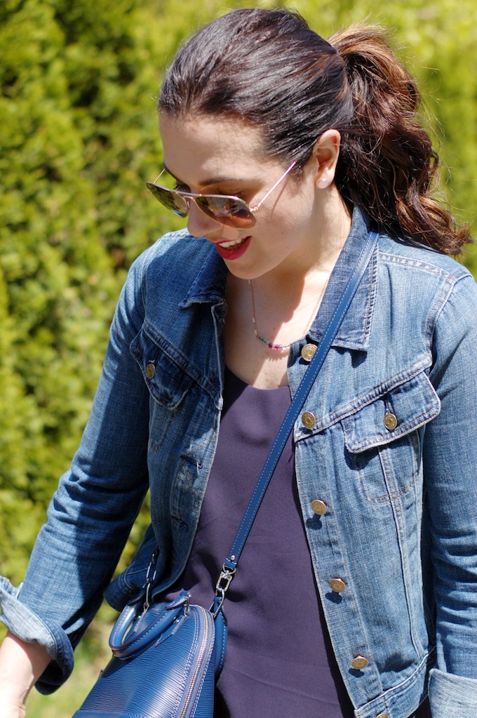 H&M chiffon dress, J.Crew denim jacket and a Louis Vuttion BB Alma bag by Vancouver blogger Covet and Acquire.