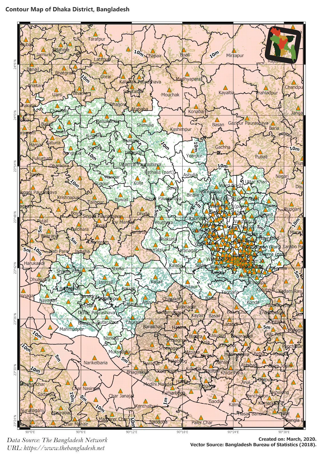 Elevation Map of Dhaka District of Bangladesh