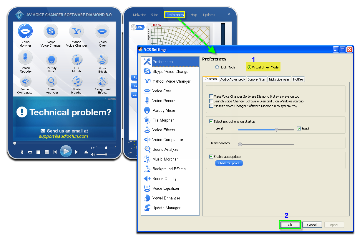 screenshot of voice changer software diamond - select Virtual Driver Mode