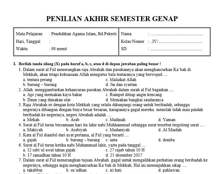 Soal UAS PAI Kelas 4 Semester 2 Kurikulum 2013