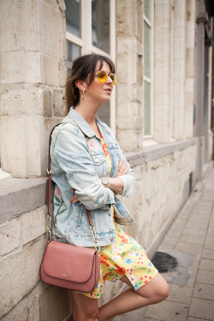 Outfit: yellow pilot glasses, flower embroidered denim, vintage floral dress