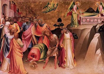 Ο αποκεφαλισμός της αγίας και η μεταφορά του σώματός της στο Σινά   (πίνακας του Lorenzo Monaco, 1370-1425)