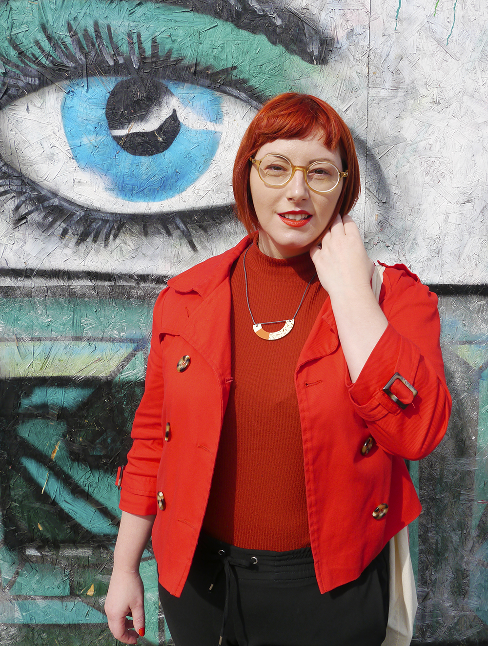 Styled by Helen: CrossEyes circle frame glasses Scottish blogger Helen from Wardrobe Conversations wearing CrossEyes glasses with red and orange outfit