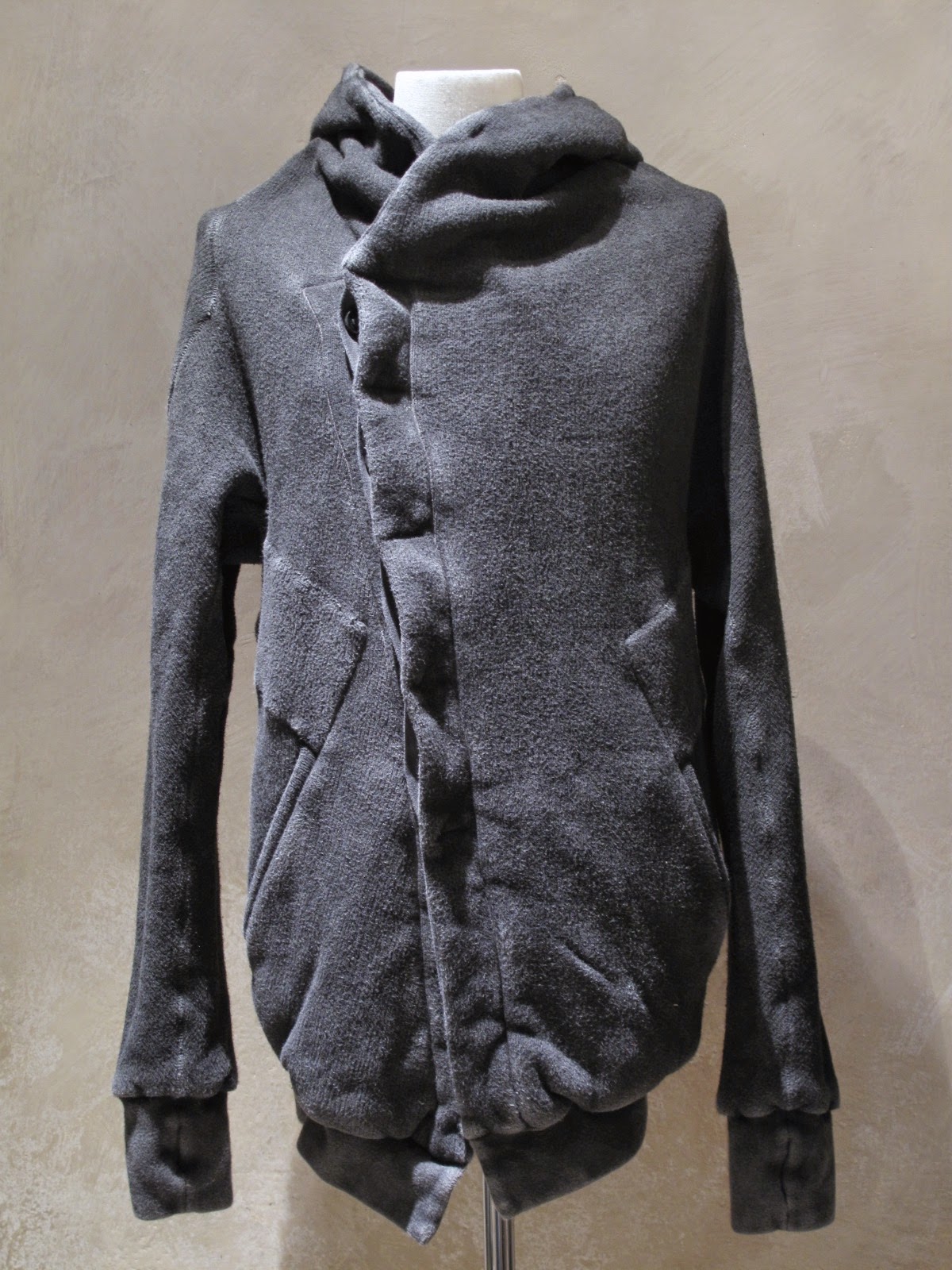 BORIS BIDJAN SABERI FW14-15 SIDE BUTTON UP HOODED CARDIGAN, GUM DYED