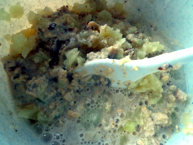 Pineapple cake with cream cheese frosting by Laka kuharica: add eggs, pineapple, and walnuts. 