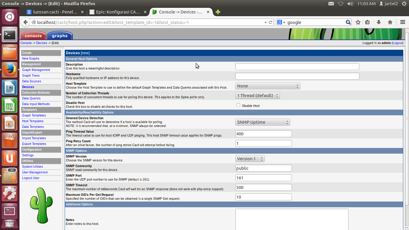 Options host. Cacti ping graph. device hostname. ping_timeout.