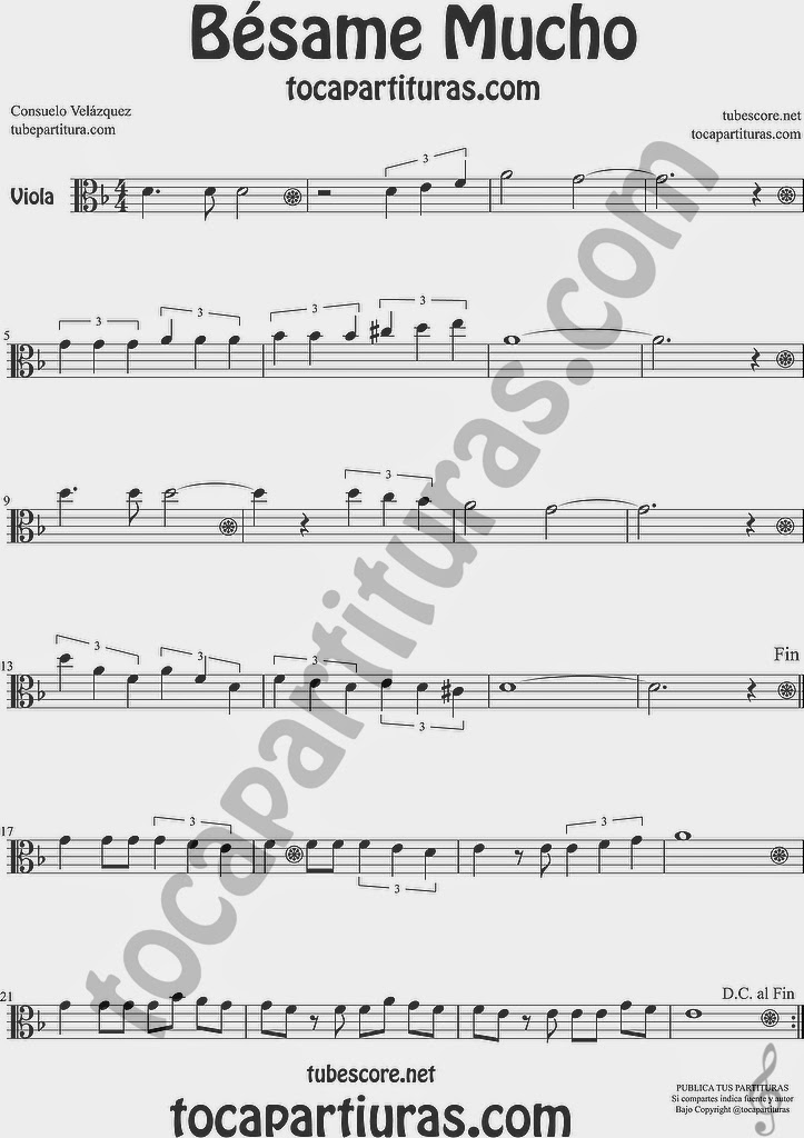 Bésame Mucho Partitura de Viola Sheet Music for Viola Music Score