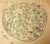 A pencil-drawn image of a big circle divided into three parts, like one would cut a pie. Inside each parts are filled with reindeers, interspersed with human figures here and there. There are four animals, presumably dogs, outside the circle in the bottom left corner of the drawing.