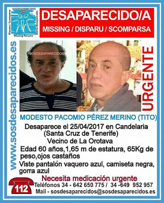 El hombre desaparecido en Candelaria, Tenerife, Modesto Pacomio Merino (TITO) necesita urgente medicación