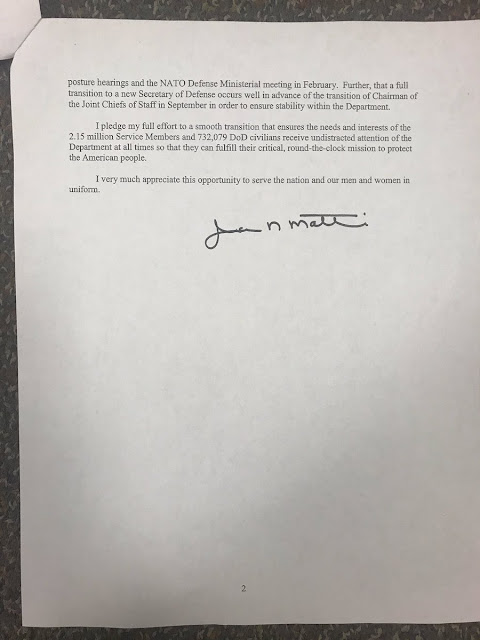 Page 2 of General Mattis' Resignation Letter, dated December 20, 2018
