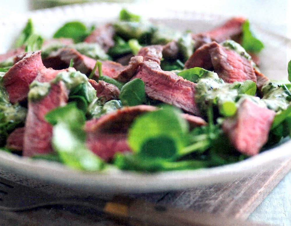 Beef Salad with Watercress and Basil Sauce: Here is a classic salad of fried beef steak tossed with watercress leaves that's served topped with a basil and mustard sauce (rather like a pest). This works as a salad but also makes a great sandwich filling.