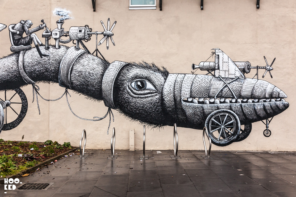 Walthamstow Street Art mural by British artist Phlegm. Photo ©Hookedblog / Mark Rigney