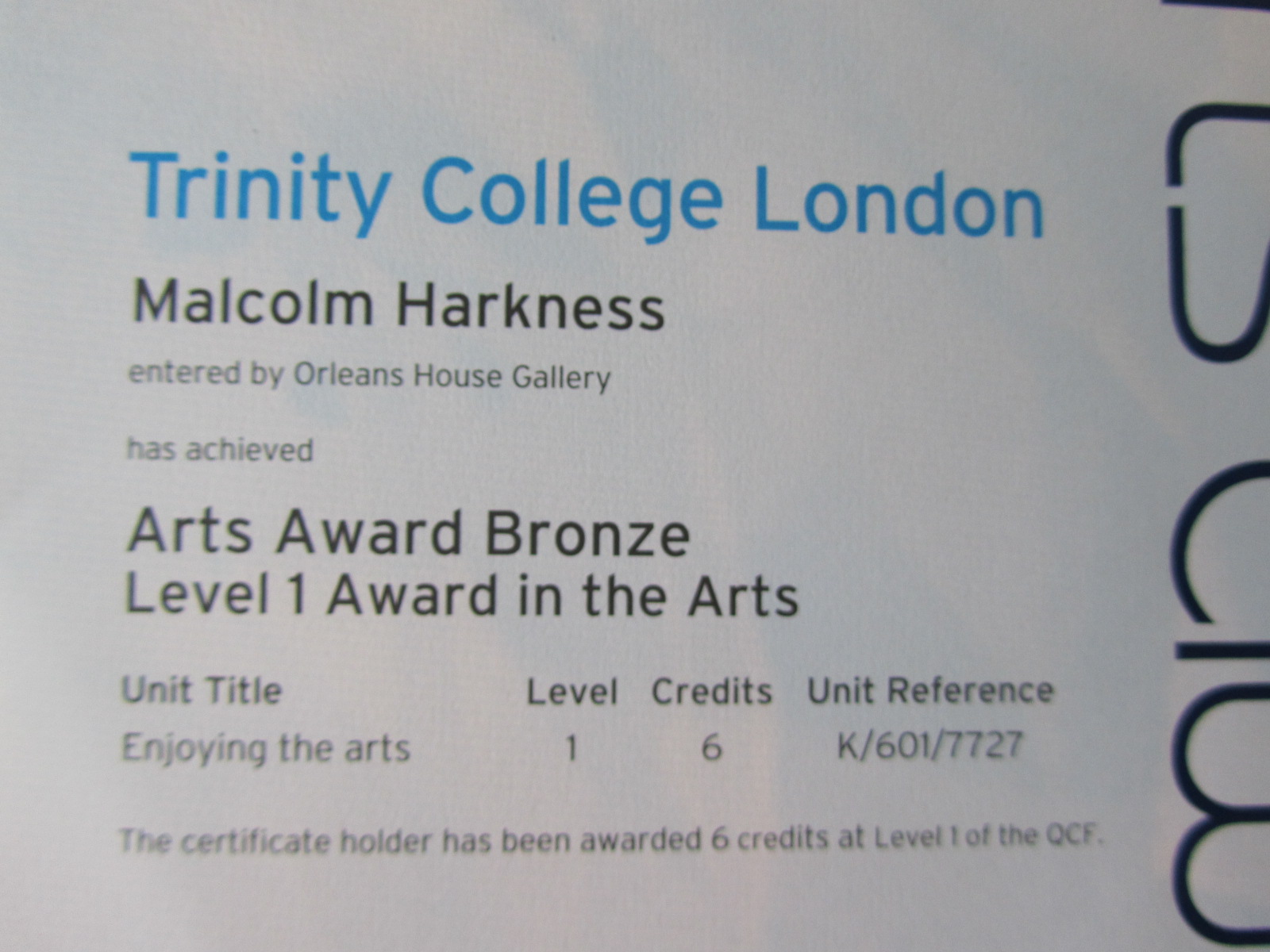 Malcolm's Milestones Bronze Arts Award Certificate