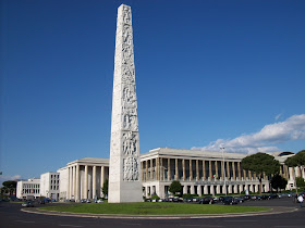 The Piazza Guglielmo Marconi, with its obelisk, is typical of the bold architecture of the EUR district