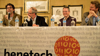 Photo of panelists Enrique Piracés (Benetech), Iain Levine (Human Rights Watch) and Sam Gregory (WITNESS) with moderator Stephan Sonnenberg (Sanford Law School) at a panel celebrating Martus 10th Anniversary, Nov 6, 2013, Palo Alto, CA.