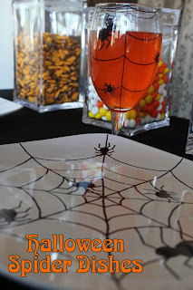 Make your own Halloween glasses and plates to decorate your dinner table.  Using this simple technique, the full moons the limit with your Halloween designs.  I chose a fun spider for my glasses and dishes that made the party a little more creepy!