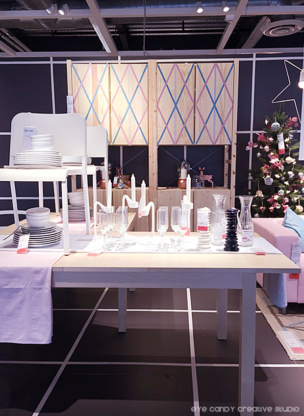 pastel tablescape, pastel christmas, dinign table at IKEA, ornaments