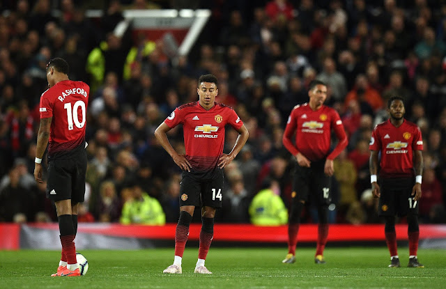 Manchester United players look sad as they lost at home to Manchester city