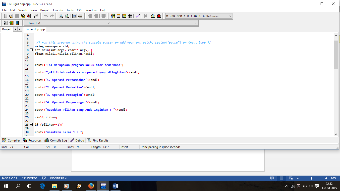 Program Pembuatan Kalkulator Sederhana dengan Dev C++ - Gading Ahhee