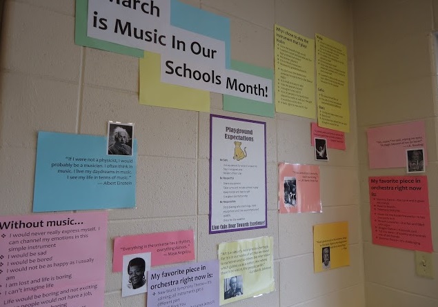MIOSM Music In Our Schools Month bulletin board and student quotes
