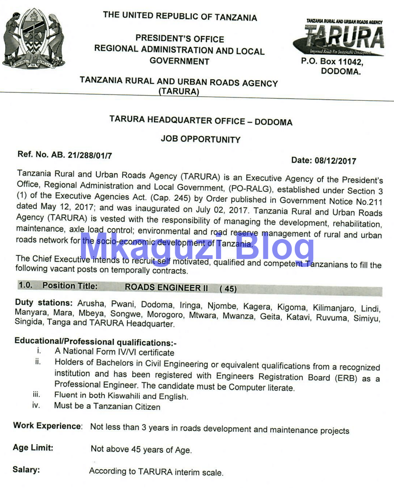 Tanzania Rural and Urban Roads Agency Jobs (98 Vacancies) Ajira