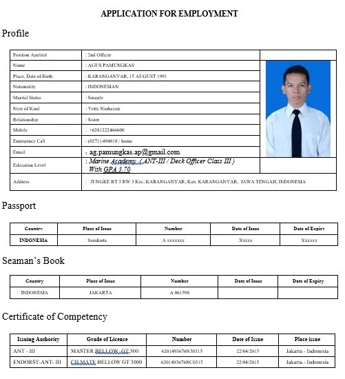 Download Template Contoh CV Pelaut Rating Bahasa Inggris Word Contoh Surat CV Proposal & Laporan