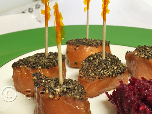 Pepper Crusted Maple Salmon, with Beets and Horseradish to serve