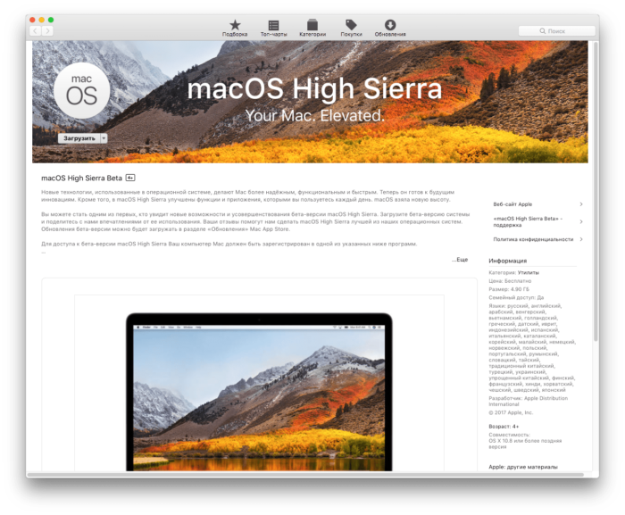 Чистая установка macOS High Sierra