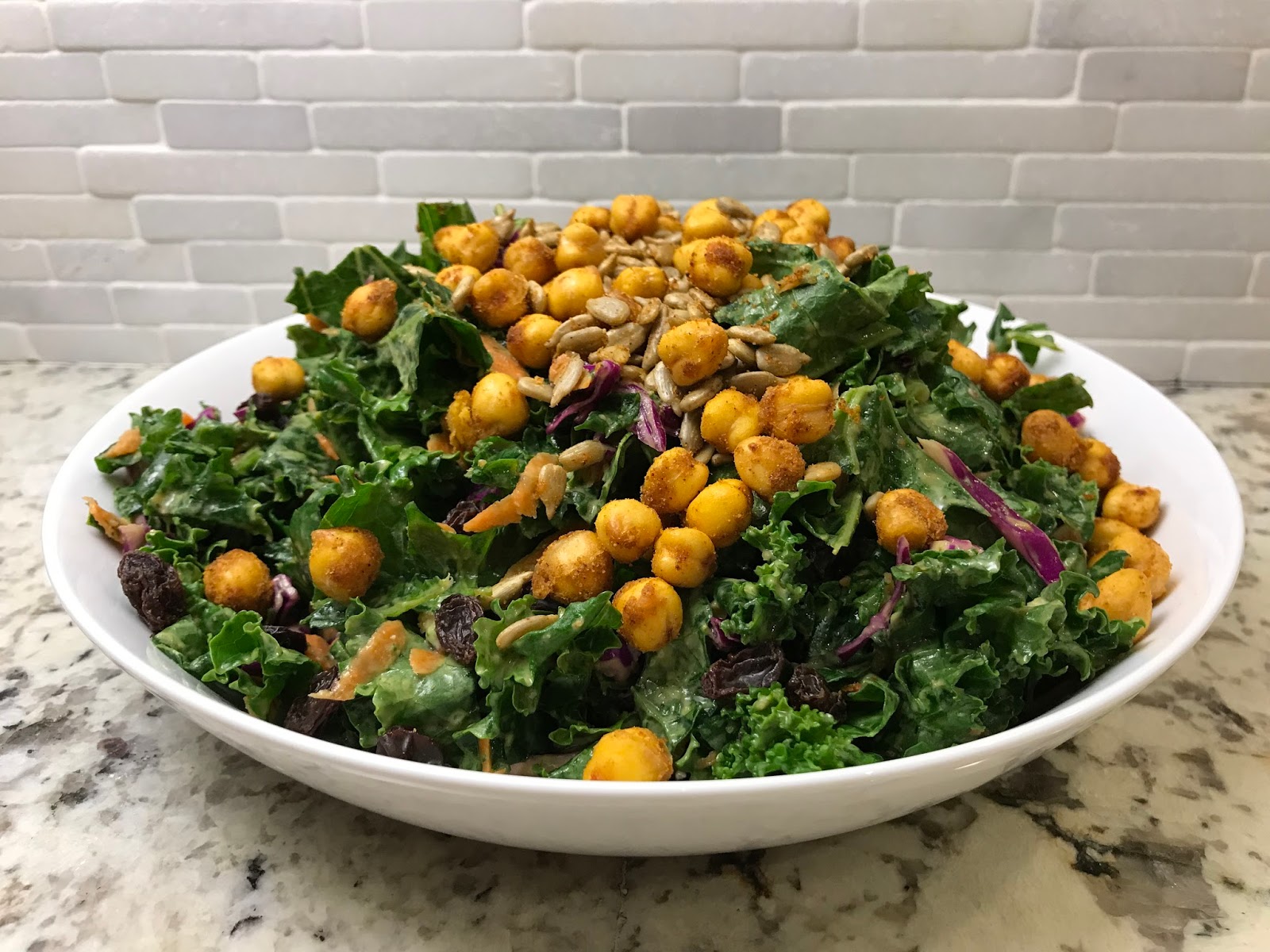 One More Taste Kale Salad with Spiced Chickpeas and Sunflower Seeds