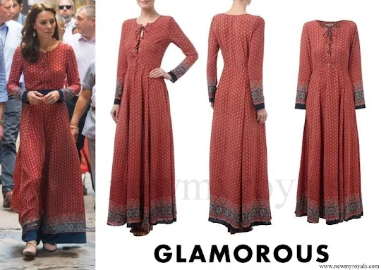 Kate Middleton wore Glamorous Red Navy Border Print Lace Up Maxi Dress
