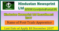 Hindustan Newsprint Limited Recruitment 2017– 48 Trade Apprentice