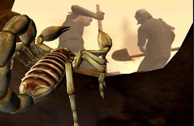 The scorpion contemplates the men, shovelling