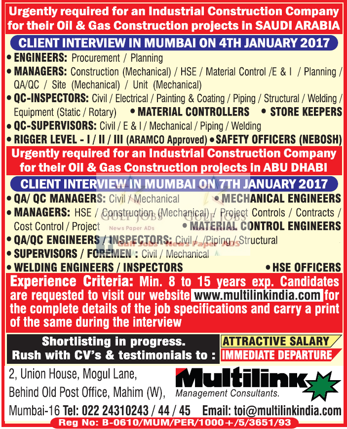 Industrial Construction company JObs for Saudi Arabia Gulf Jobs for