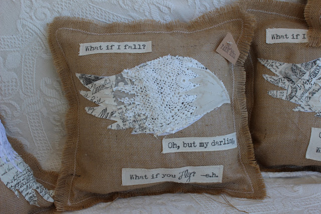 burlap pillow with quote and wing