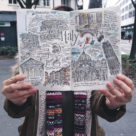 travel journal con dibujos sobre Italia