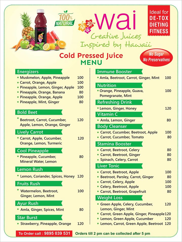 C & O adventures WAI Cold Pressed Juices Menu