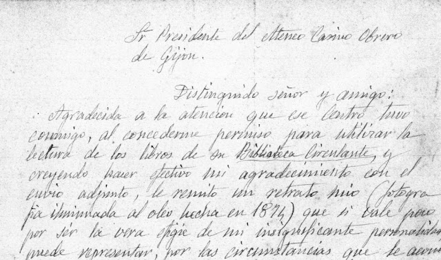 Fragmento de la carta que Rosario de Acuña envía en 1921 al presidente del Ateneo Obrero de Gijón