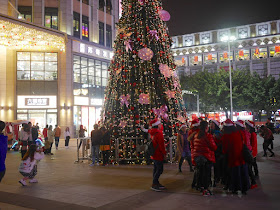 people taking photographs next to a Christmas tree