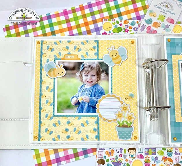 Spring Scrapbook Page Layout with flowers, bees, & the Doodlebug Simply Spring Collection