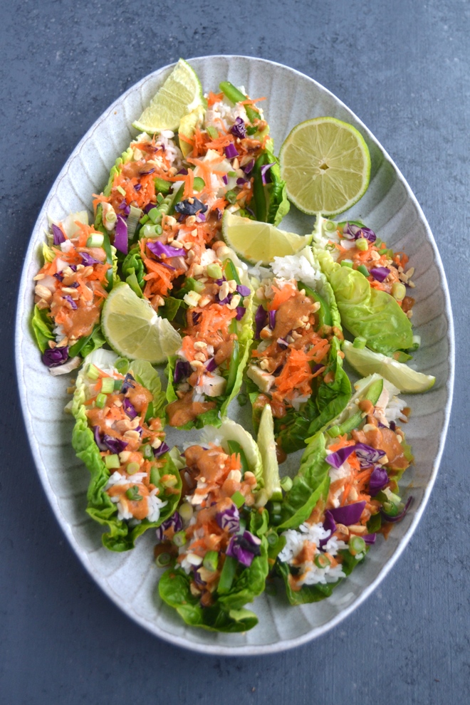 Peanut Chicken Lettuce Wraps are loaded with thinly sliced grilled chicken, red cabbage, carrots, jasmine rice, green onions, peanuts, lime juice and a flavorful peanut sauce! www.nutritionistreviews.com