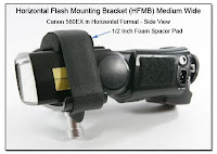 Horizontal Flash Mounting Bracket (HFMB) Medium Wide - Canon 580EX in Horizontal Format (1/2 Inch Foam Spacer Pad Shown in Place)