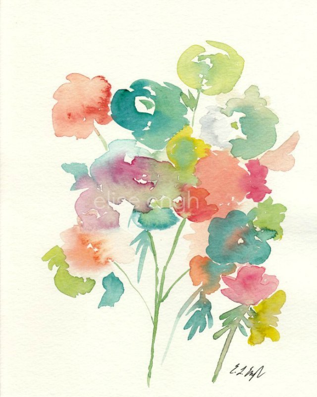 Original Watercolor Flowers, Semi-Abstract Style by Elise Engh: Grow Creative