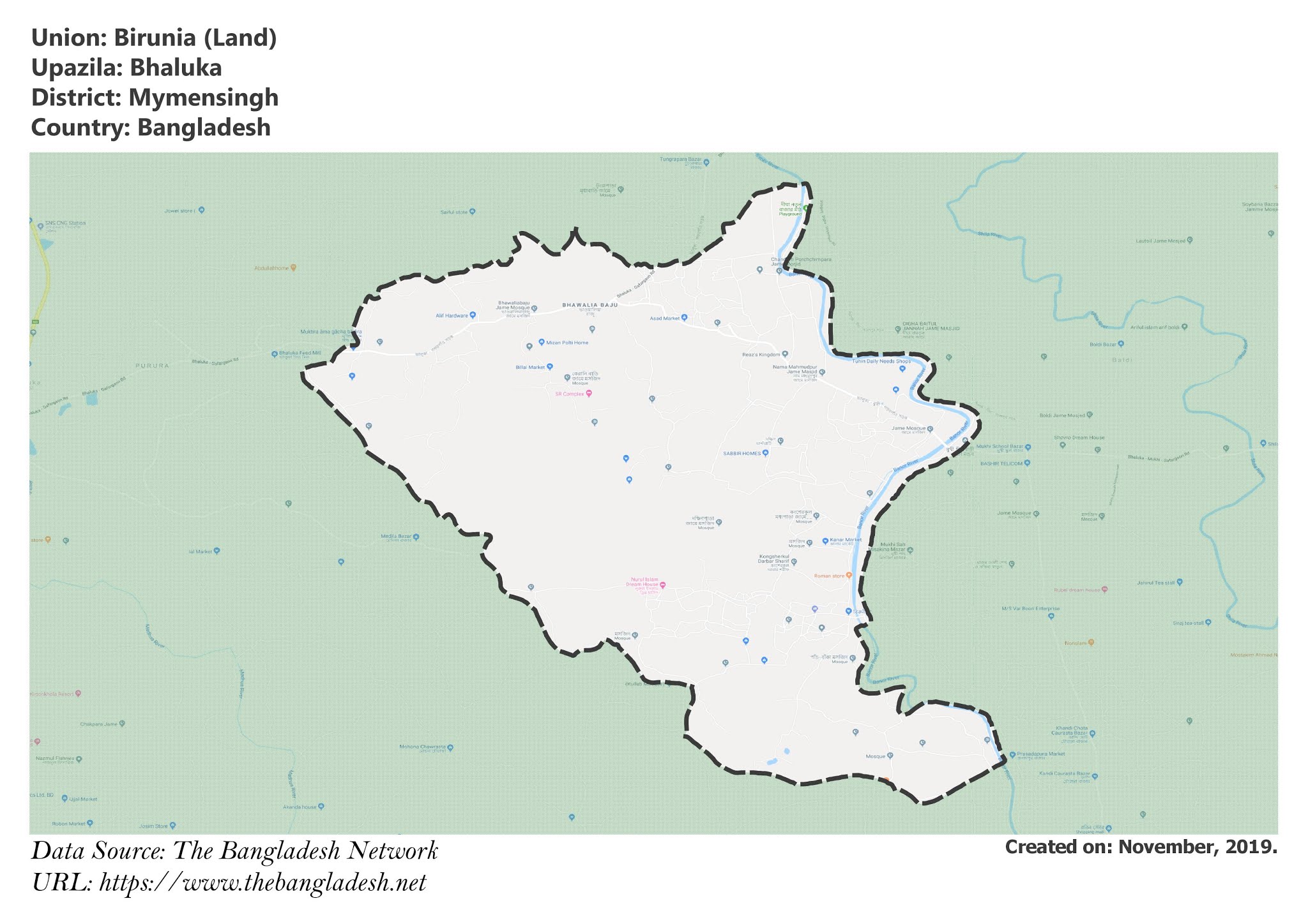 Map of Birunia of Mymensingh, Bangladesh.