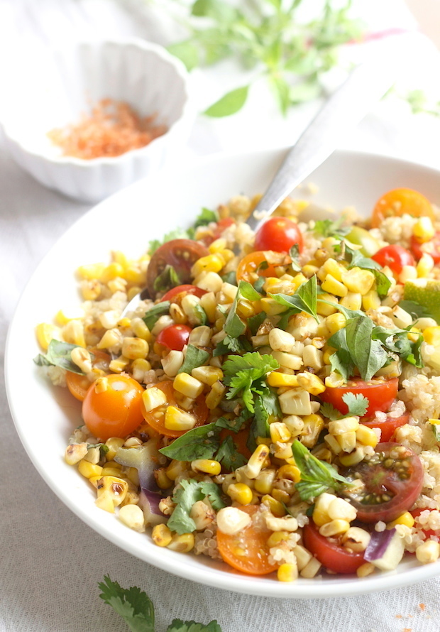 Charred Sweet Corn & Tomato Quinoa Salad recipe with Sriracha-Lime Sea Salt by SeasonWithSpice.com