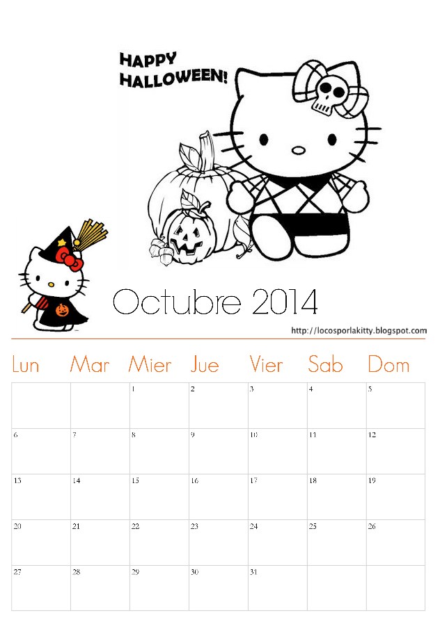 Calendario Octubre 2014 Hello Kitty Locos por Hello Kitty