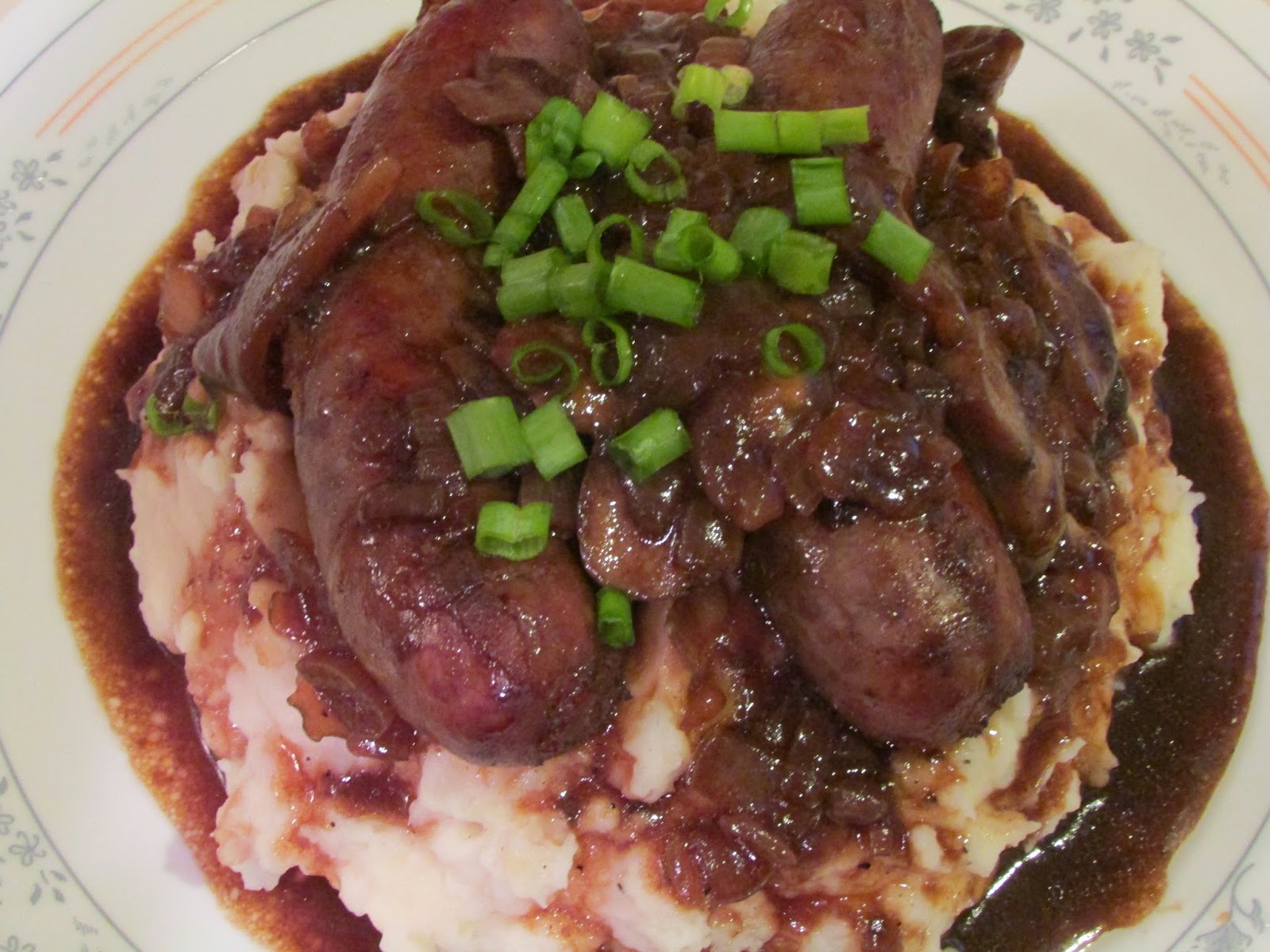 Foodie Mom Bangers and Mash with a Guinness Onion Gravy