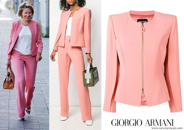 Queen Mathilde wore Giorgio Armani Pink Zip-up Fitted Silk Jacket and a satin trousers